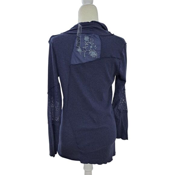 RXB Women's Patchwork Raw Seems Cowl Neck Lace Insert Midnight Blue Top Sz L - Picture 4 of 7